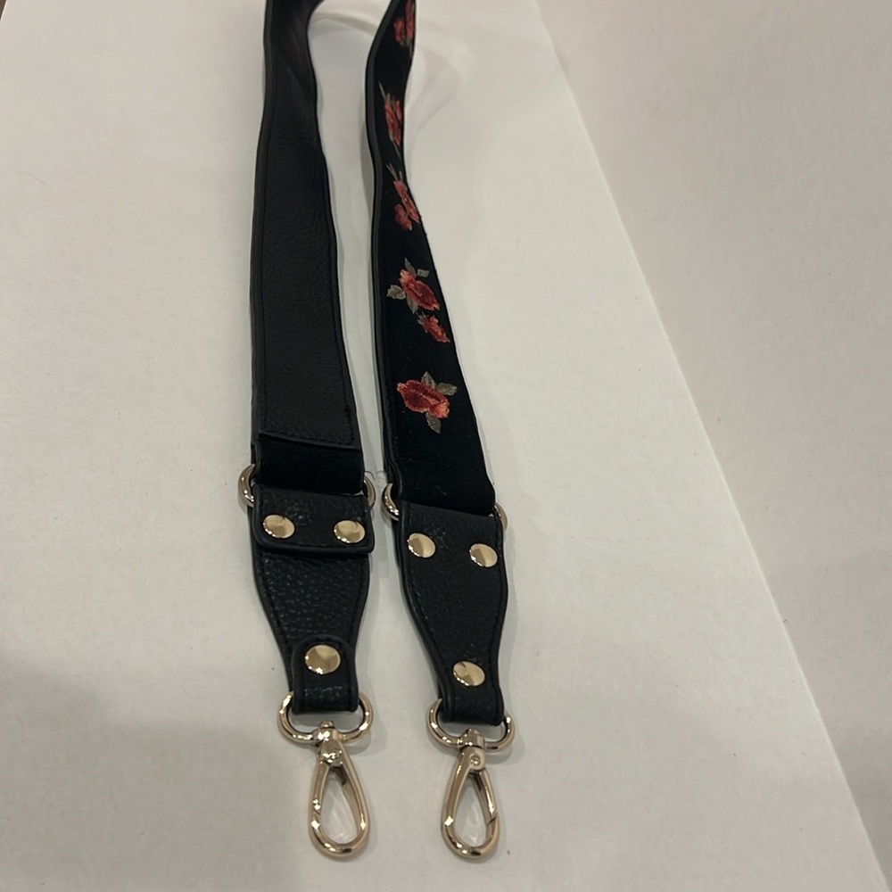 Floral Embroidered Black Leather Bag Strap - Picture 4 of 4